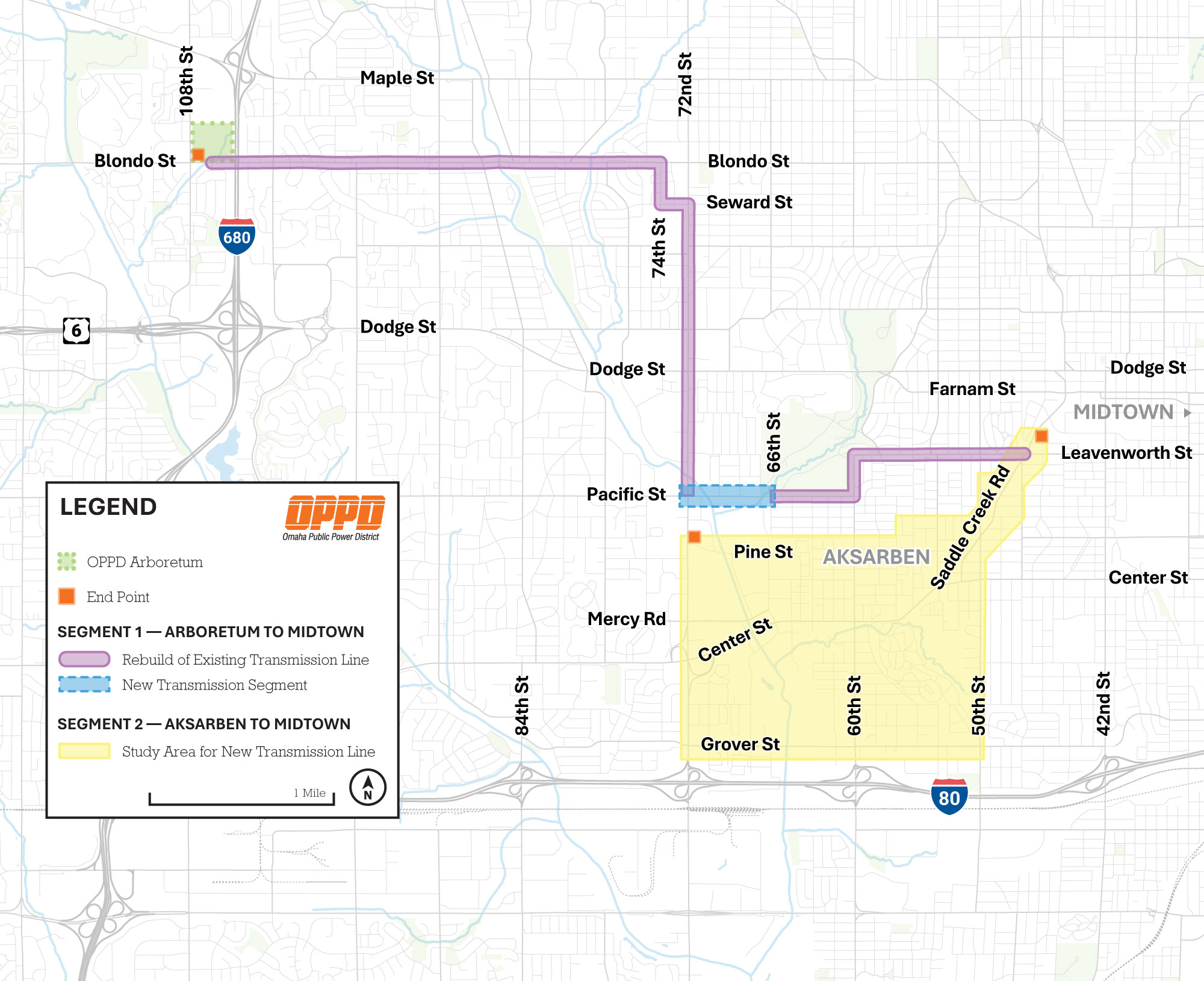 Map of an Omaha Public Power District (OPPD) transmission line project. Segment 1 shows a transmission route from the OPPD Arboretum near 108th and Blondo Streets east to Midtown near Leavenworth Street. Most of the route is a rebuild of an existing transmission line (purple), with a short new transmission segment near Pacific Street and 66th Street (blue dashed line). Segment 2 highlights a yellow study area in the Aksarben district, bounded roughly by Leavenworth Street, Center Street, and Saddle Creek Road, for a future transmission line. End points are marked with orange squares, and major streets and highways are labeled.