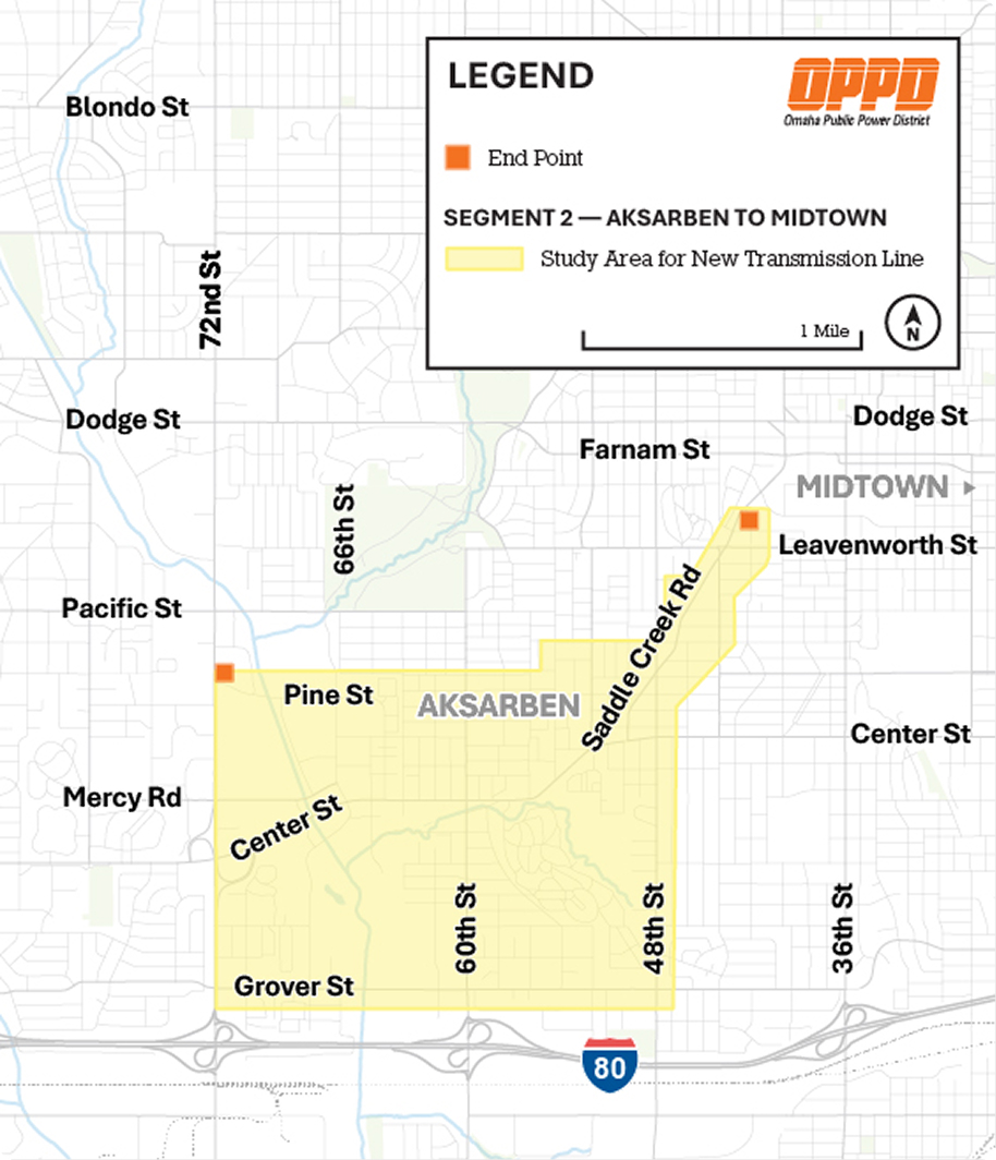 Segment 2 showing the new transmission line study area bordered on the left by 72nd street, on the south by Grover Street, on the right by 48th street, on the north by Pine Street and stretching to the northeast towards Leavenworth street and Saddle Creek Road